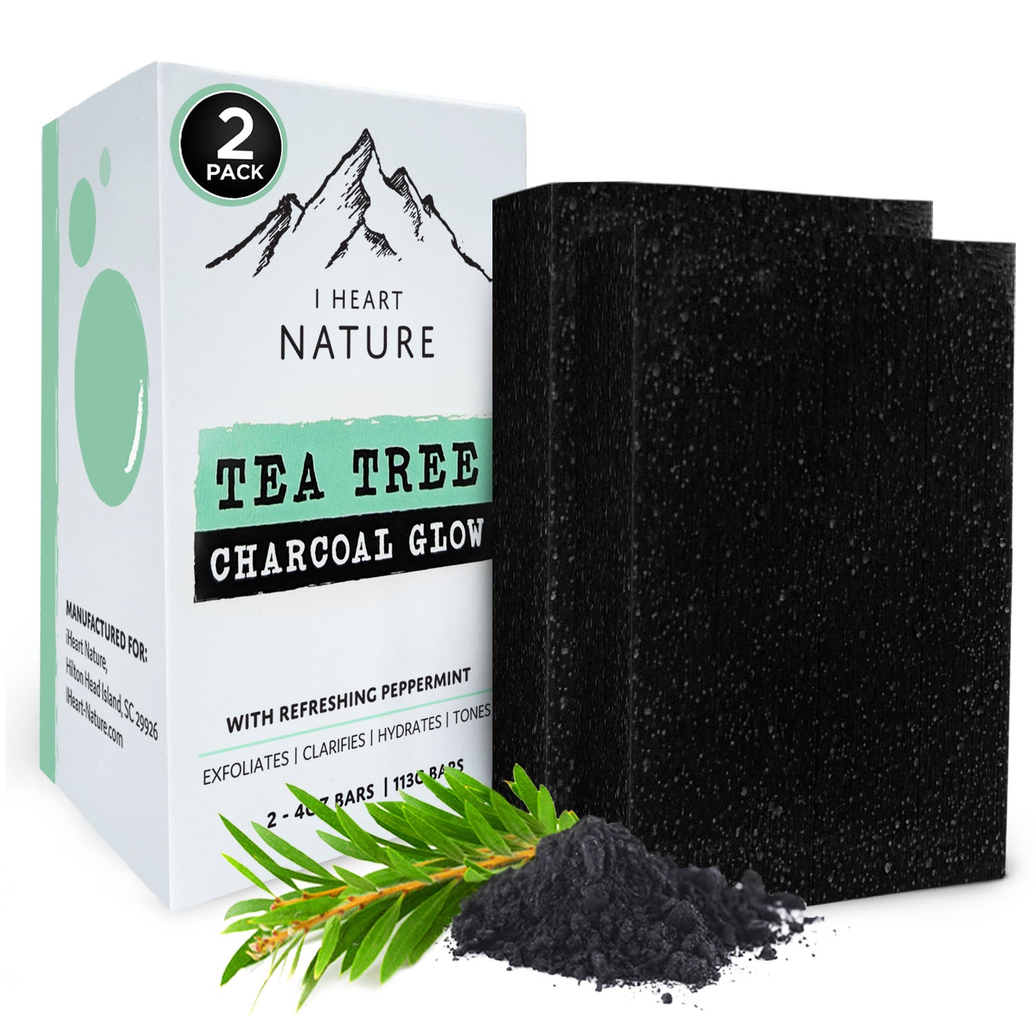 iHeart All Natural Charcoal Tea Tree Soap (2 Packs) Infused with Refreshing Peppermint Essential Oil Scent